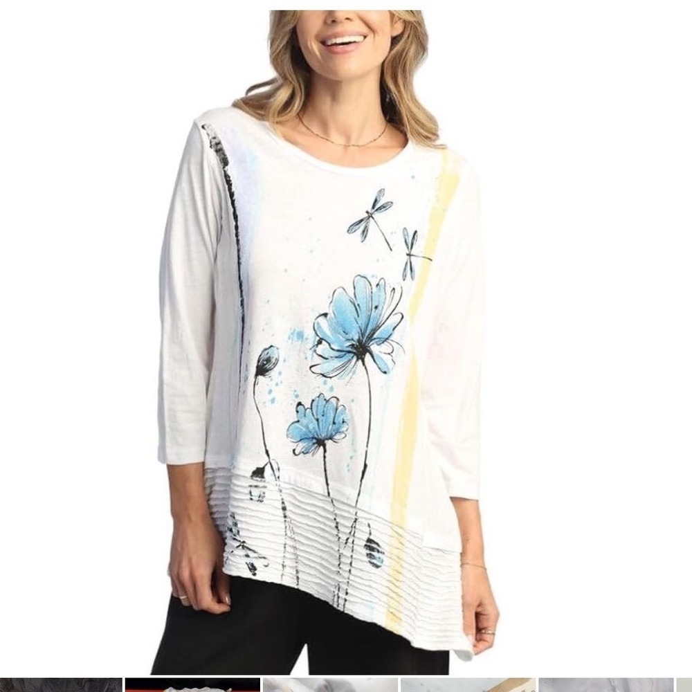 Jess & Jane Tunic Top size Medium. White NWT Floral Dragonfly Whimsical